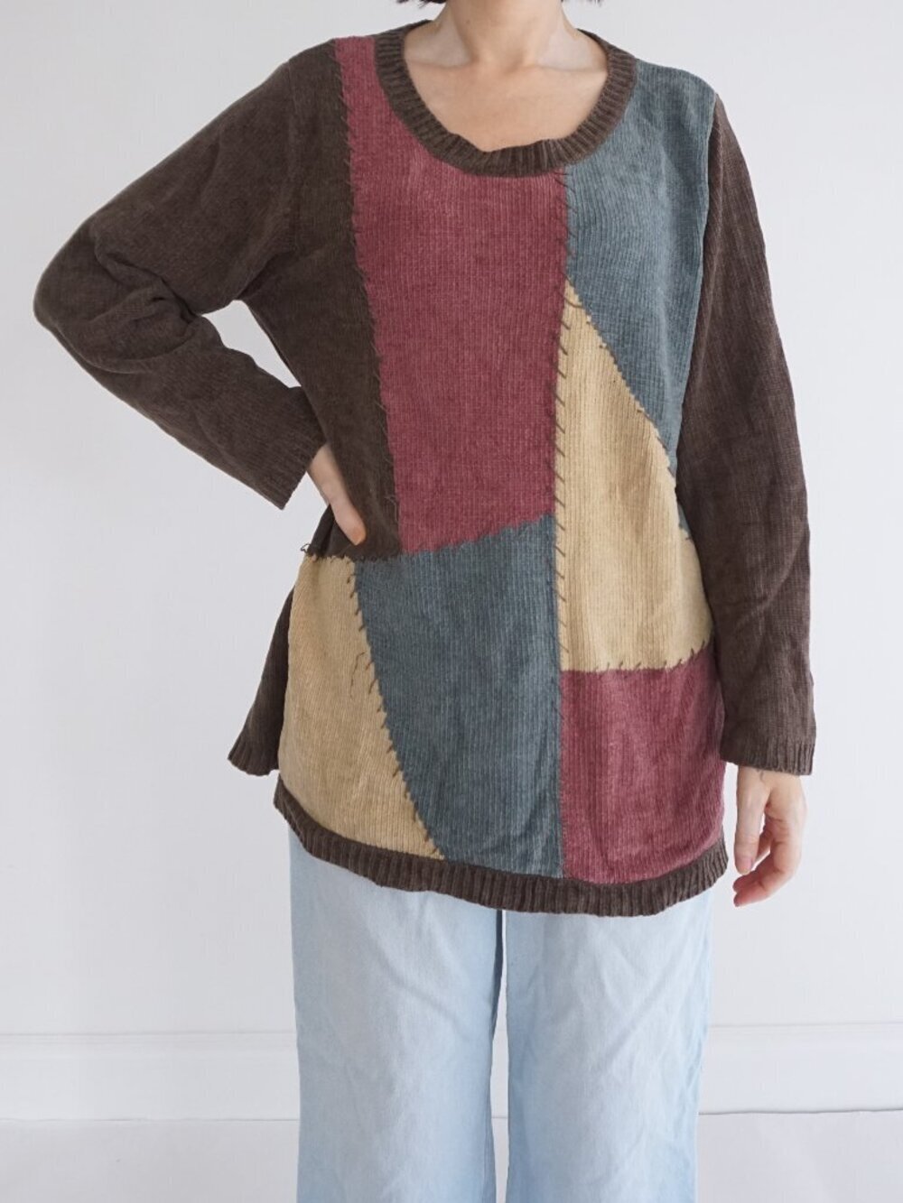 Vintage Only Necessities Brown Colorblock Patchwork Ribbed Tunic Sweater M
